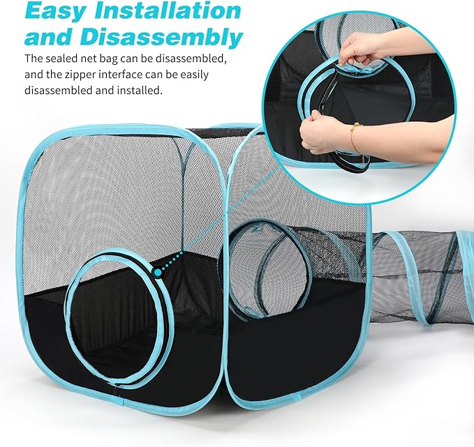 Rabbit Playpen with Tunnel, Breathable & Transparent Rabbit Playpen Pop Open Tent with Tube for Dwarf Rabbits,Ferret, Small Animal Playpens Bunny Tunnels Exercise Play Indoor or Outdoor