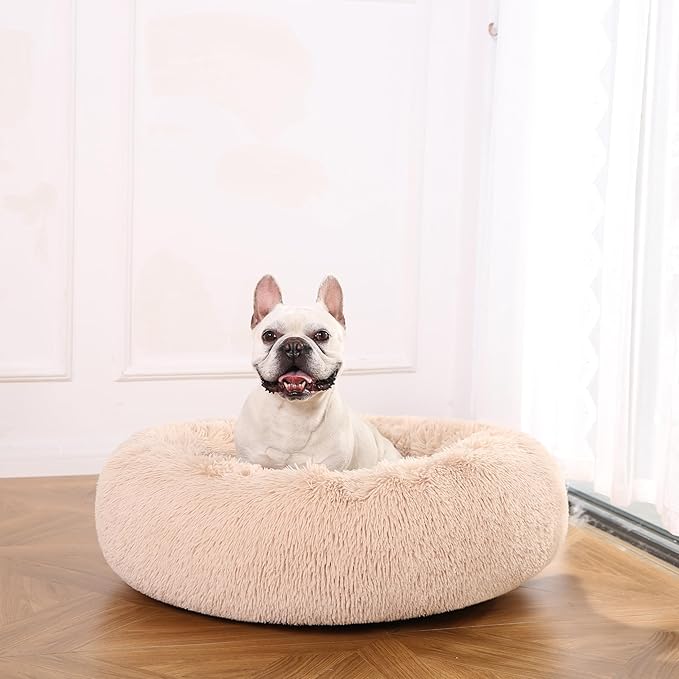 Amazon Basics Washable Donut Pet Bolster Faux Fur Bed with Removable Cover, Anti-Slip Bottom for Dog, Beige, 36" x 36"