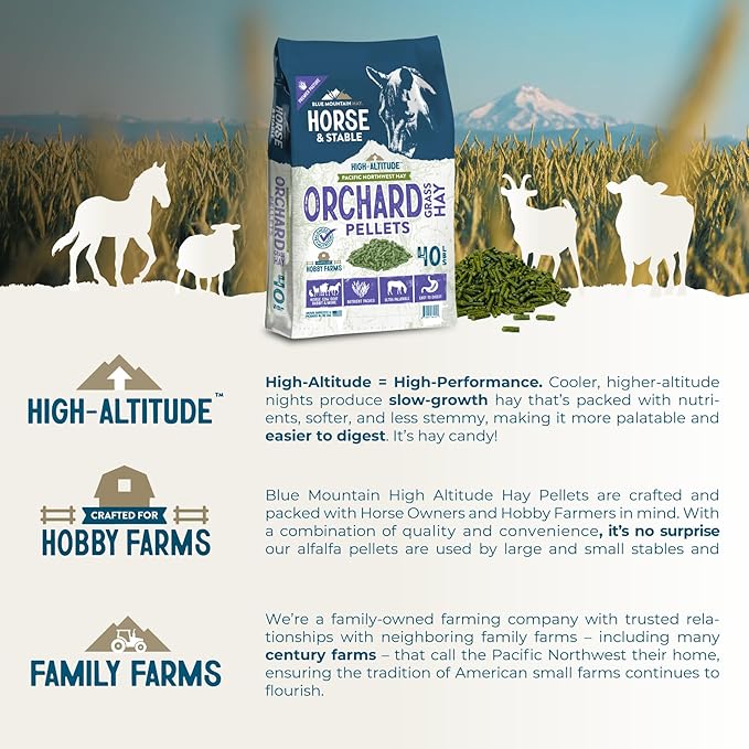 Blue Mountain Hay High Altitude Orchard Grass Hay Pellets (40 lb), Ultra Premium Nutrient Dense Forage, Small Quick Soaking Low Dust Pellets, Easy to Measure, Automatic Feeder Friendly