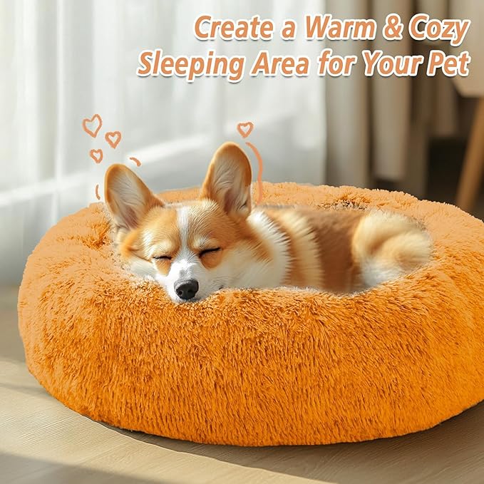 JOLLYVOGUE Calming Dog Bed Medium Size Dog, 31in Donut Washable Medium Pet Bed, Anti-Slip & Anti-Anxiety Fluffy Faux Fur Round Dogs Bed, Fits up to 45 lbs Pets (Orange)