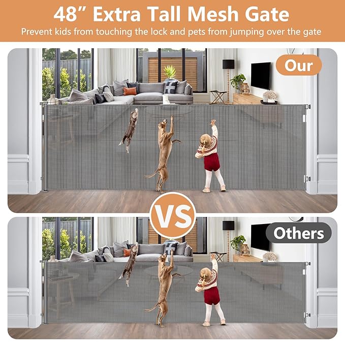 48” Tall 145” Wide Baby Gates for Large Openings Retractable Baby Gates for Doorways Extra Wide Pet Gate Indoor Gate Outdoor Dog Gate for Deck Mesh Baby Gate Retractable Gate Extra Tall Baby Gate Gray