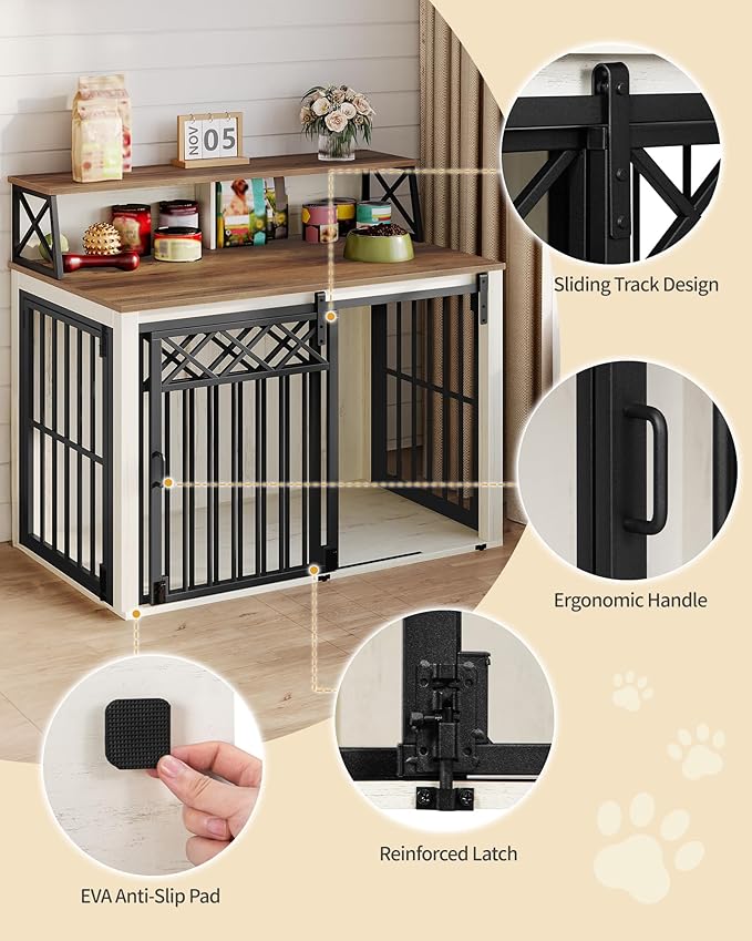 Hzuaneri 39.4'' Dog Crate Furniture, Large Wooden Dog Crate with Storage and 3 Doors, Indoor Kennel for Medium/Large Dogs, End Table with Barn Door, Chew-Proof and Escape-Proof, White Brown DFC87414B