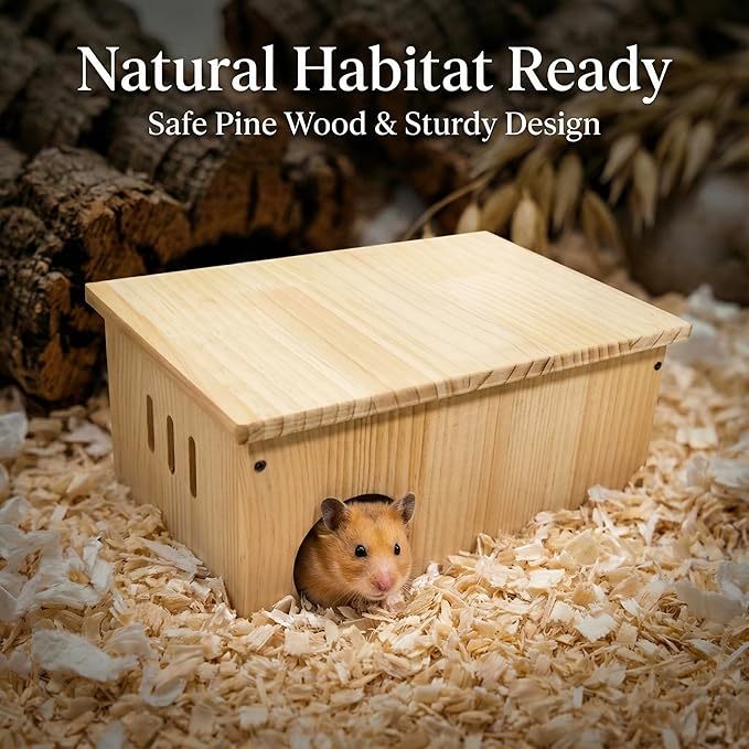 Solid Pine Multi Chamber Hamster Hideout House Removable Divider 3" Entrance for Syrian Hamsters 11.8" x 7.9" x 6.3" Natural Wood Nesting Hide House Small Pet Cage Habitat Accessory