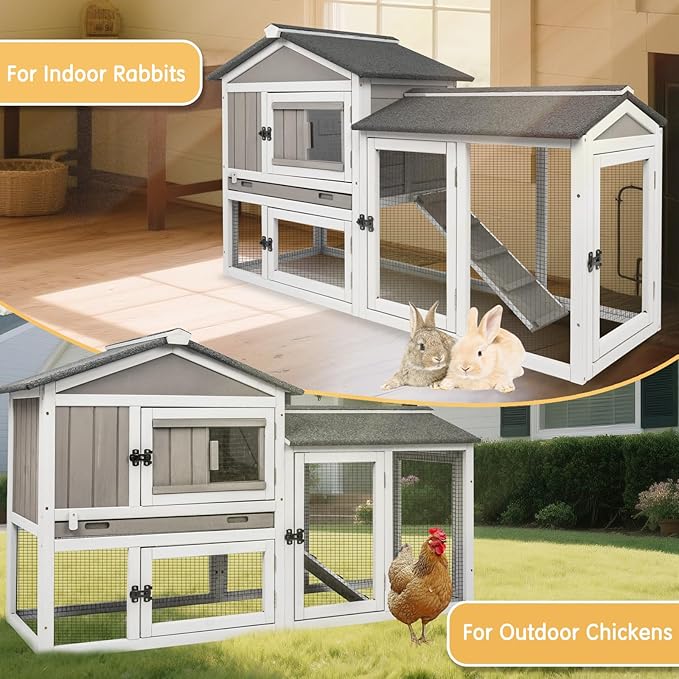 Gowoodhut Rabbit Hutch Indoor Outdoor 57 "L Bunny Hutch with Pull Out Tray,2 Story Wooden Rabbit Cage with Asphalt Roof,Guinea Pig Cage with Ventilation Doors,Ramp for Small Animals(Grey)