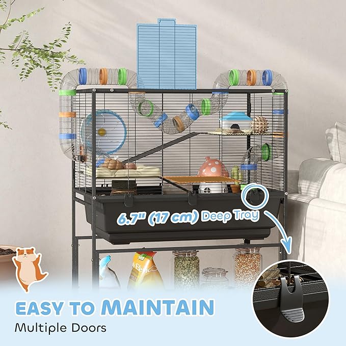 PawHut Large Hamster Cage with Deep Tray, 3 Tier Rolling Rat Cage with Storage Shelf, Big Exercise Wheel, Tube System, Hut, Platforms, Ramps, Food Dish, Water Bottle, for Syrian, Gerbil, Mouse