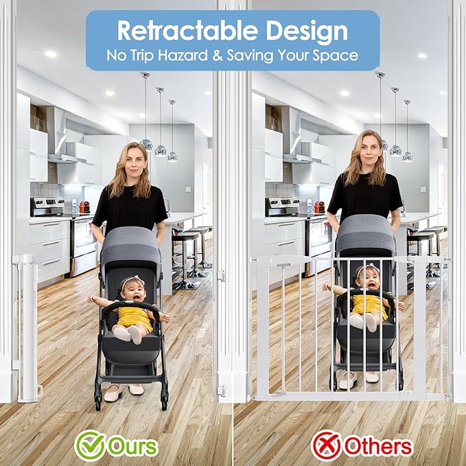 Reinforced Retractable Baby Gates with Support Rods, Retractable Pet Gate for Dog Prevent Bottom Crawling Through, Extends up to 55” Wide, Reinforced Mesh Stairs Gate for Kids Child Safety Gate, White