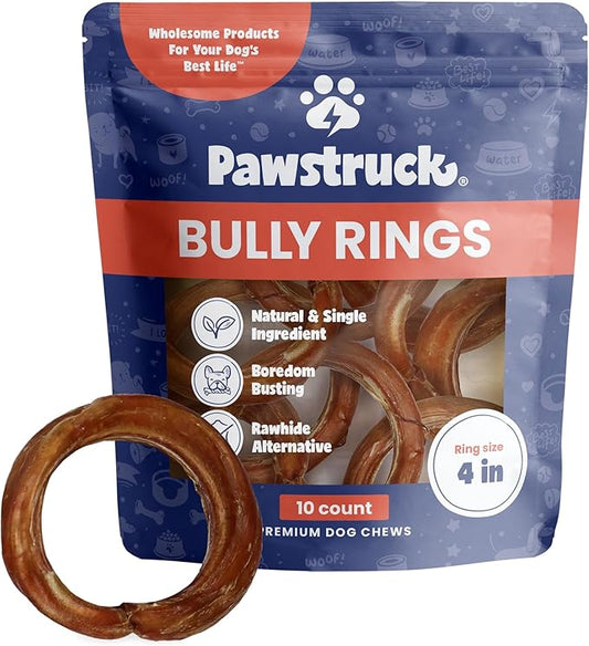 Pawstruck All-Natural 4" Bully Stick Rings for Dogs - Rawhide-Free, 100% Beef, Single Ingredient Dental Chew Bones - Fully Digestible, Low Odor - 10 Count - Packaging May Vary