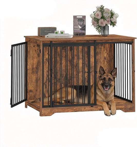 Hzuaneri 43.3" Dog Crate Furniture with Barn Door, Heavy Duty Dog Kennel Indoor with 2 Doors, Wooden Pet Cage End Table for Large Small Medium Dogs, Anti-Chew Anti-Escape, Rustic Brown DFC92301B