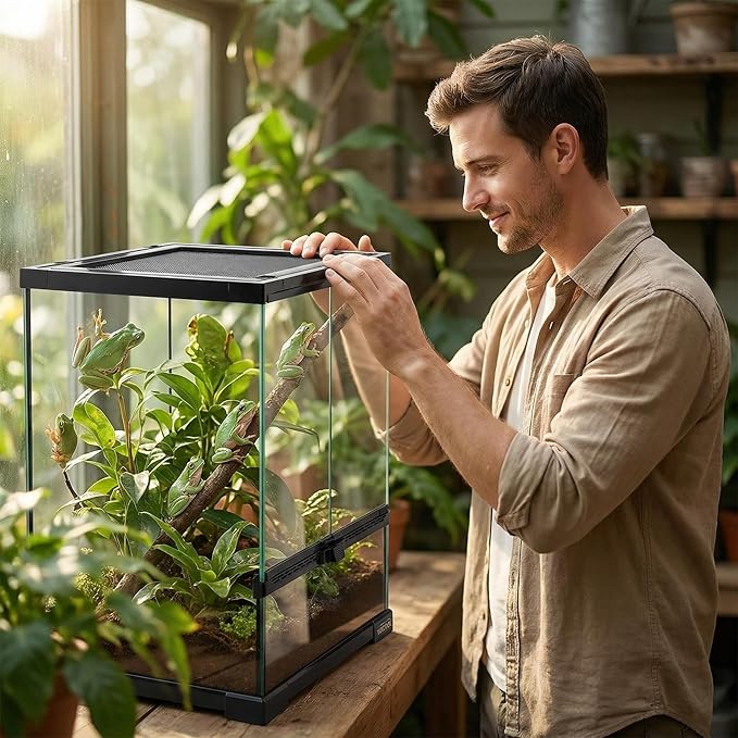 11 Gallon Reptile Glass Tank Vertical Terrarium 12"x12"x18" Habitat Enclosure with Front Openning Door and Top Screen Ventilation for Geckos, Snakes,Tree Frogs,Chameleon
