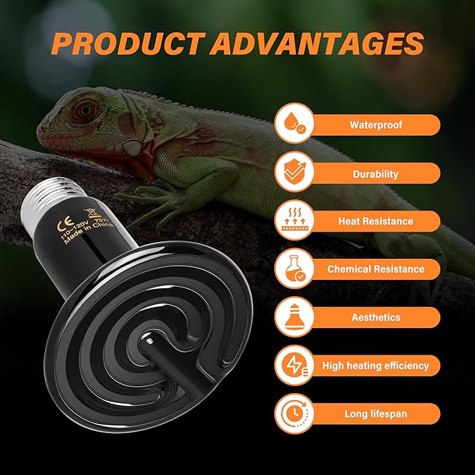 Simple Deluxe 75W Ceramic Heat Emitter Reptile Heat Lamp Bulb No Light Emitting Brooder Coop Heater for Amphibian Pet & Incubating Chicken, 2 Pack