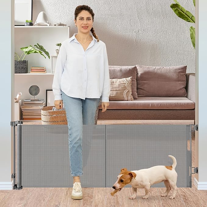 24 Inches Tall Retractable Baby gate for Dogs, Short Pet Gates to Step Over, Extends up to 55" Wide, Reinforced Mesh Doggie Gates for Indoors Outdoors Small Dog Gate for Stairs Puppy Gate (Grey)