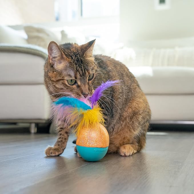 Catstages Whack N' Wobble Ball Intearctive Cat Toy, Weighted Ball with Feathers, Bell, Glitter Fabric & Catnip Oil, Turquoise - Image 7