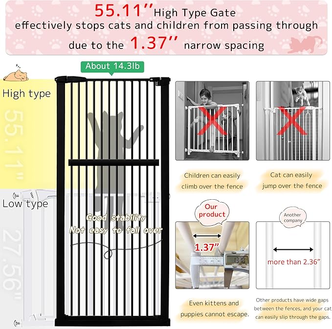 Lumizone Extra Tall Pet Gate 55.12" High Pressure Mounted 30.12"-38.38" Extra Wide (9 Sizes) 1.37" Gap for Cat Dog Stairs Doorway Hallway No Drilling Auto-Close (30.12"-38.38" W, Black)