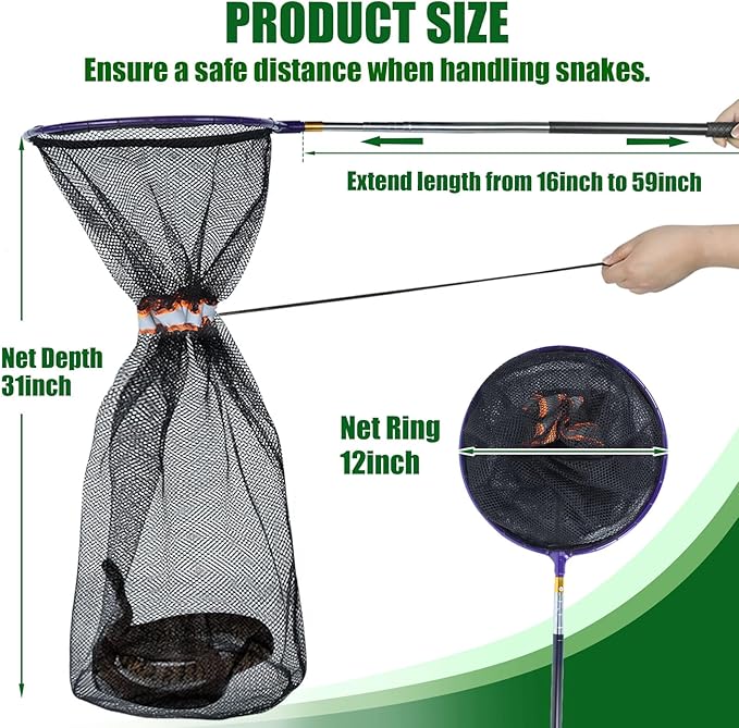 IC ICLOVER Snake Catcher Net + 39" Collapsible Snake Hook, Snake Grabber Handling Tool, Reptile Catching Net with Telescopic Pole Stick, Best Tool Set for Moving Pick-Up Rattle Snakes Lizard Reptiles