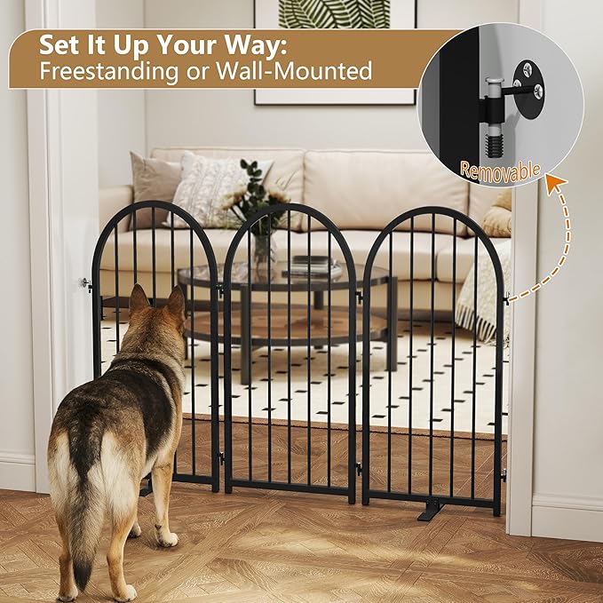 PUPETPO Full Metal Dog Gate with Door for Indoor Outdoor, 32" Tall Free Standing Pet Dog Fence, 72" Extra Wide Pet Gates for Stairs, Hallways, Doorways, Kitchen, Decks, Yards (Black, 4 Panels)