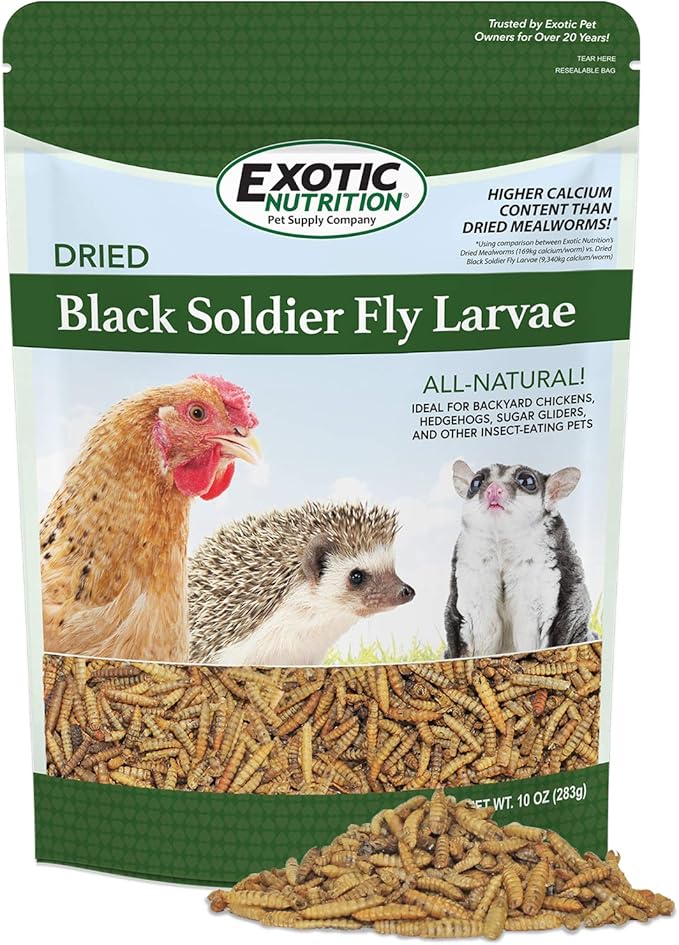 Bulk Dried Black Soldier Fly Larvae (10 oz.) - High-Calcium Insect Treat - Chickens, Wild Birds, Hedgehogs, Bluebirds, Reptiles, Sugar Gliders, Opossums, Skunks, Lizards, Bearded Dragon, Fish