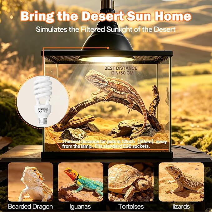 UVB Light for Reptiles 10.0: Bearded Dragon UVB Light for Desert Habitats, 26W UVA UVB Reptile Light Bulb for Lizards Tortoises, Terrarium Compact Fluorescent Lamp-UVB Bulbs with Free UV Sensor Card