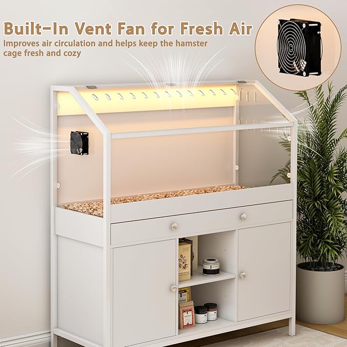 Pipleo Hamster Cage with Storage Cabinet, 43.3" Small Animal Cage with LED Lights and Fan, Easy View Acrylic Panel, Large Habitat for Guinea Pig, Ferret, Rat, Hedgehog