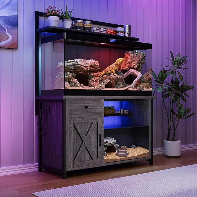 Reptile Tank Stand with Power Outlet, Terrarium Stand with Storage Cabinet, 49" X 20" Tabletop, Aquarium Stand with LED Lights, Reptile Terrarium,Turtle Tank (Gray)