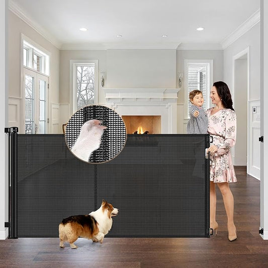 Reinforced 42" Tall x 75" Wide Retractable Baby Gate with Support Rods - Prevents Crawling Under Extra Tall Pet Gate Indoor Mesh Gate Outdoor Long Baby Gate Tall Dog Gates for Doorways, Black