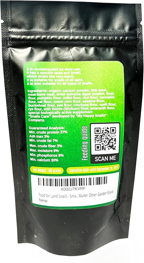 Food for Land Snails - Small Pack 3.5 Oz (100 Grams) - with Organic Calcium, Vitamins, and Minerals. Great for Giant African Land Snails, Helix Pomatia, Aspersa, Muller Other Garden Snails