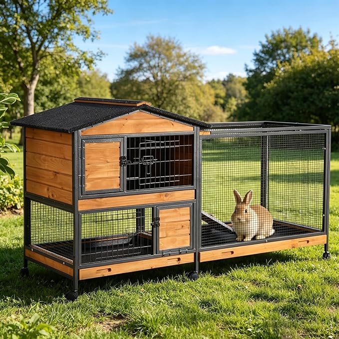 Rabbit Hutch 2-Story Wooden Rabbit Cage with Sturdy Metal Frame, Mobile Bunny Hutch with Wheels and 3 Pull Out Trays, Waterproof Guinea Pig Cages for Small Animals Indoor Outdoor (Orange)