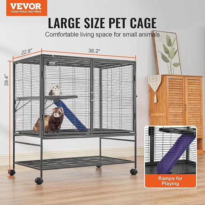 VEVOR 39" Rolling Metal Ferret Cage, Large 2-Tier Cage, Small Animal Cage with Ramps & Tray, Easy to Set up for Pet Mice, Hamster, Guinea Pig, Chinchilla, Squirrel, Hedgehogs, Bunny