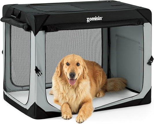 ZOMISIA 42 Inch Collapsible Dog Crate for Extra Large Dogs - XL Dog Travel Crate Portable with Breathable Mesh Windows, Soft Sided Dog Kennel Foldable for Indoor and Outdoor, Grey