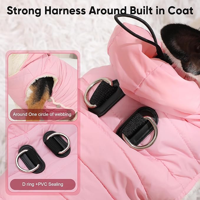 Vecomfy Fleece Lining Dog Hoodie with Harness Built in,Extra Warm Small Dog Jacket in Winter Puppy Coats with Drawstring Hooded,Light Pink S