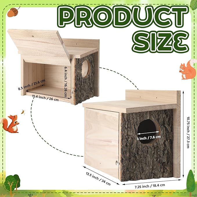Wonderjune 1 Pcs Large Squirrel Nesting Box Squirrel House for Outside Nesting Hanging Handcraft Thick Wood Winter Chipmunk Outdoor Shelter Garden Yard Support Local Wildlife Easy Install(Horizontal)
