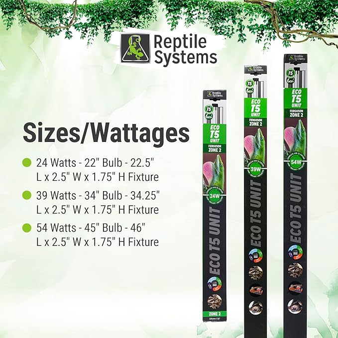 Reptile Systems Eco T5 Unit Zone 2 Reptile Lighting Kit – 24in-24w - Slimline Fixture with HOT5 Lamp, Reflector & Flicker-Free Ballast – Ideal for Terrariums, Chameleons & Geckos