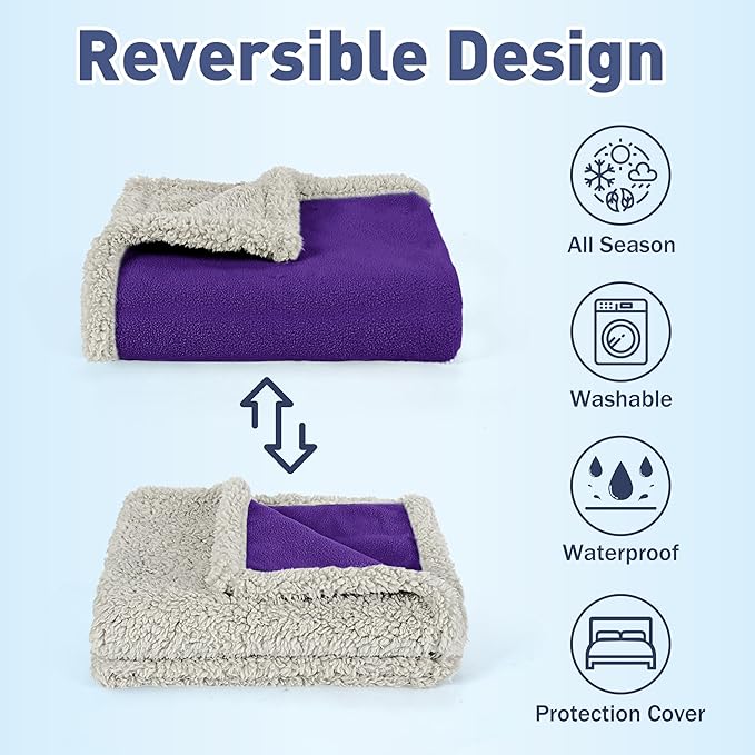 Kritter Planet Waterproof Bed Blanket for Dogs, Washable Stain Proof Pad Bed Cover, Reversible Leakproof Furniture Protector, Liquid Proof Blanket for Couch Sofa, 80x60 inch, Queen Size, Purple