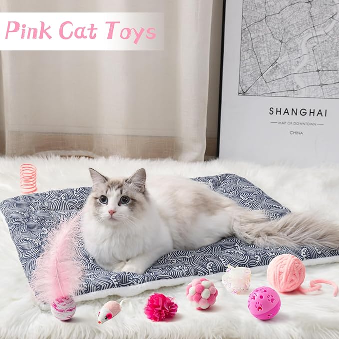 MALLMALL6 10Pcs Cat Toy Set Interactive Cat Toys Pack Including Feather Teaser Wand Cat Springs Mice Crinkle Balls and Pet Bell Balls, Puzzle Toys for Indoor Cats Gift (Pink) - Image 6