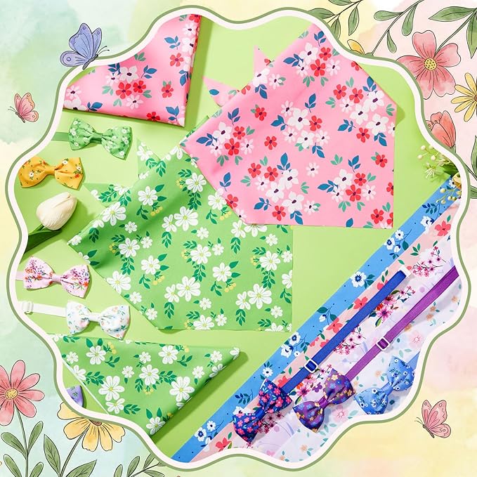 Sanwuta 50 Pcs Spring Dog Bandanas and Collar Bow Ties Set 25 Bandanas Bulk 25 Charm Dog Collar Pet Triangle Pet Scarf Bowtie for Small Medium Large (Spring Fresh)