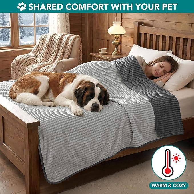 PetAmi Waterproof Dog Blanket, Leakproof Pet Blanket for Small Medium Large Dog, Reversible Furniture Bed Sofa Couch Cover Protector, Soft Striped Pet Throw for Indoor Cat, 60x80 in, Grey Light Gray