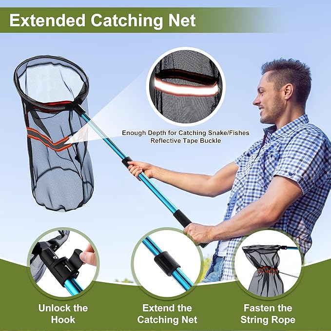 Qualirey Snake Grabber Tool Set, 50" Foldable Snake Tongs and 16"-24" Extendable Catcher Net with Handling Gloves, Professional Reptile Heavy Duty Catcher Wide Jaw Handling Tool