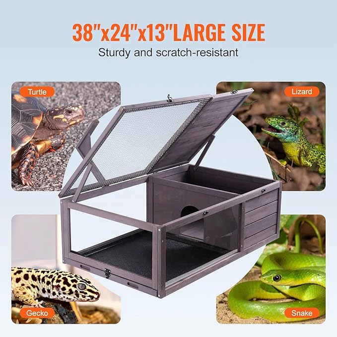 Turtle Habitat Enclosure, Large Wooden Tortoise House for Indoor and Outdoor Use, Reptile Enclosure with Openable Roof & Secure Locking System (Nature)