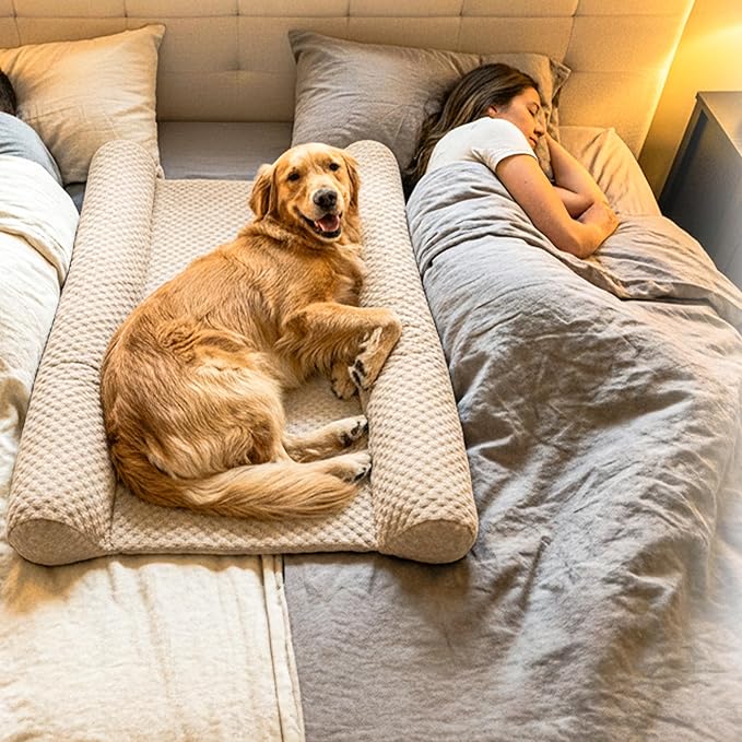 DenMate - On-Bed Dog Bed for Medium/Large Dogs (26x40), Stabilizing 100% Cotton Bolsters for Night Movement, Improves Comfort & Sleep for Dogs & Owners, Machine Washable Pet Mattress (Cream/Brown)