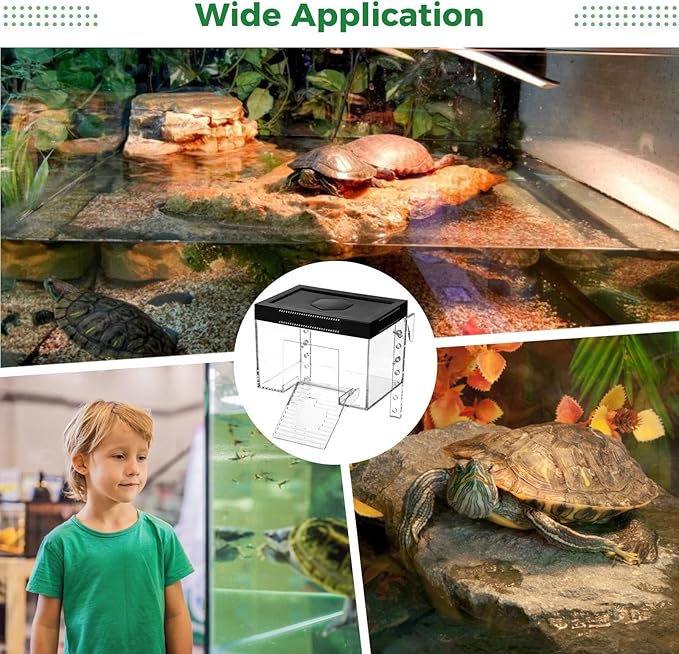 Elevated Turtle Basking Platform with Transparent View, Adjustable Height and Ramp, Secure Lid, Small Tortoise Habitat with Hole for Hexagonal Basking Lamp