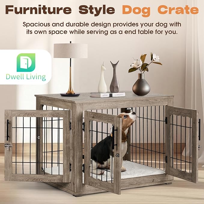 Dog Crate Furniture with Cushion,Dwell Living 32 inch Wooden Kennel Table with Double Doors, Indoor Dog House End Table for Small/Medium Dog, Grey (32x23x26in)