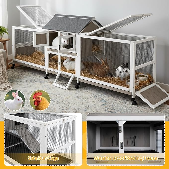 PetsCosset Outdoor Wooden Rabbit Hutch with Double Runs,Waterproof Asphalt Roof Bunny Cage with Raised Floor, Easy-Clean Design Pull Out Tray, Secure & Comfortable Hut for Rabbits