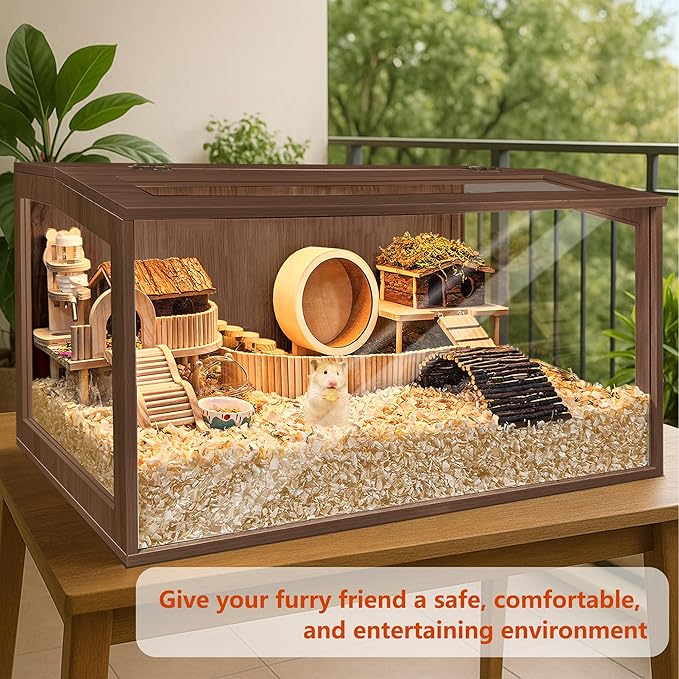 PROLEE Hamster Cage with Chewproof Wood Top, Guinea Pig Cages, Hamster Habitat with Clear Acrylic Sheets Solid Built, Small Animal Cage (Walnut, 32X15.5X15.5 inch)