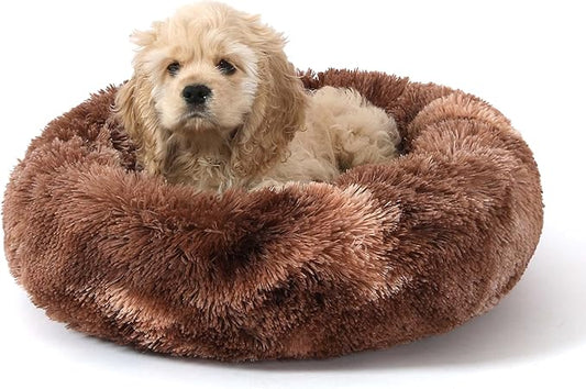 NOYAL Calming Donut Dog Bed for Small to Medium Dogs & Cats - Plush Faux Fur Anti-Anxiety Pet Bed with Machine Washable Cover & Non-Slip Base