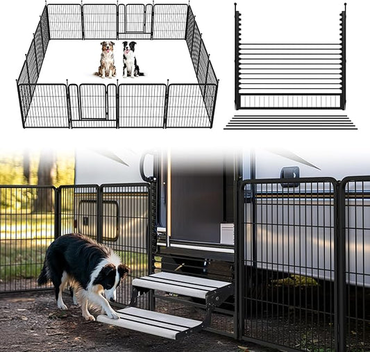 FXW Rollick Unleashed Dog Playpen for Indoor, Yard, RV Camping, 32 inch 16 Panels Dog Pen with RV Step Grid for Small and Medium Dogs, Black│Patented