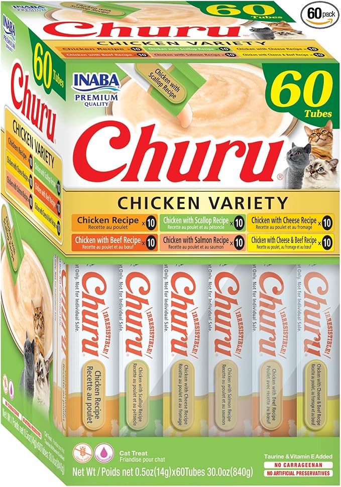 INABA Churu Cat Treats, Lickable, Squeezable Creamy Purée Cat Treat with Green Tea Extract & Taurine, 0.5 Ounces Each Tube, 60 Tubes, Chicken Variety Box by INABA