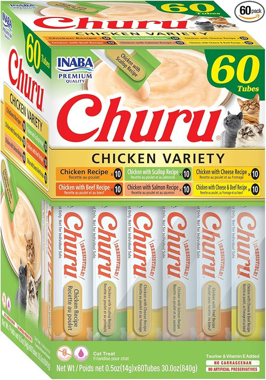 INABA Churu Cat Treats, Lickable, Squeezable Creamy Purée Cat Treat with Green Tea Extract & Taurine, 0.5 Ounces Each Tube, 60 Tubes, Chicken Variety Box by INABA