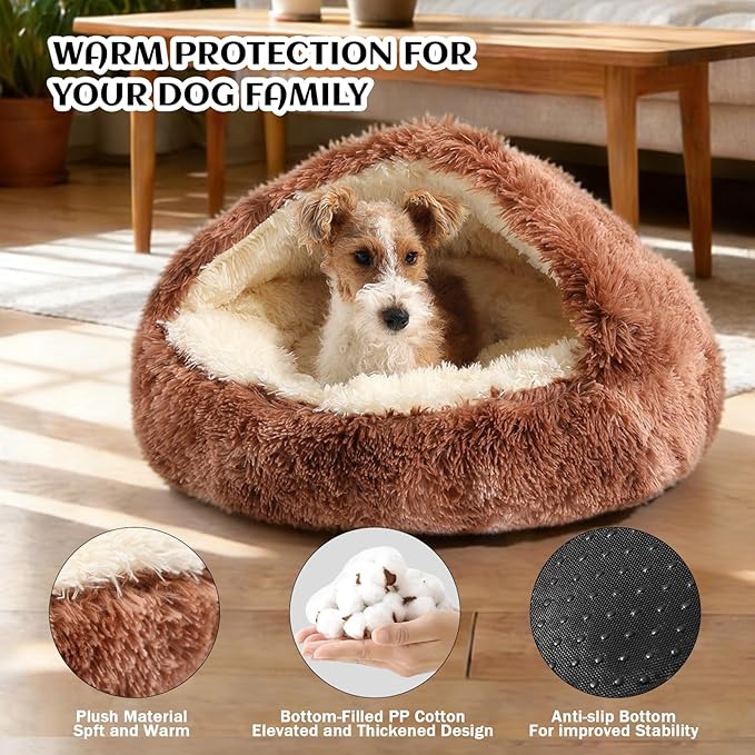 NOYAL Dog Bed Round Hooded Plush Cat Cave Donut Anti Anxiety Fluffy Dog Bed for Small Medium Dog and Cat - Bandhnu Coffee, Large 27.5
