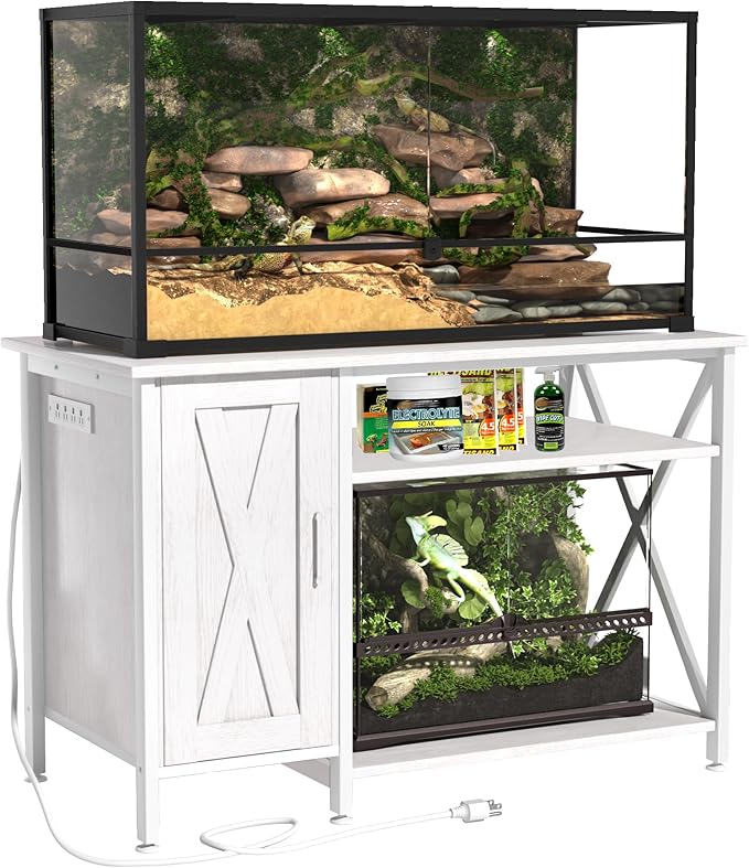 Herture 40-120 Gallon Reptile Tank Stand with Power Outlet, Terrarium Stand with Storage Cabinet, 48" X 24" Tabletop, Reptile Terrarium,Turtle Tank White PG08XYW