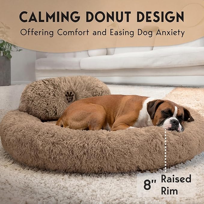 PetJett XL Dog Bed for Large Sized Dog - 45'' Extra Large Dog Bed, Washable Dog Bed - Anti-Slip Super Soft Round Donut Bed, Fluffy Faux Fur Anti-Anxiety Premium Comfort Pet Bed, Fits Dogs upto 120 lbs