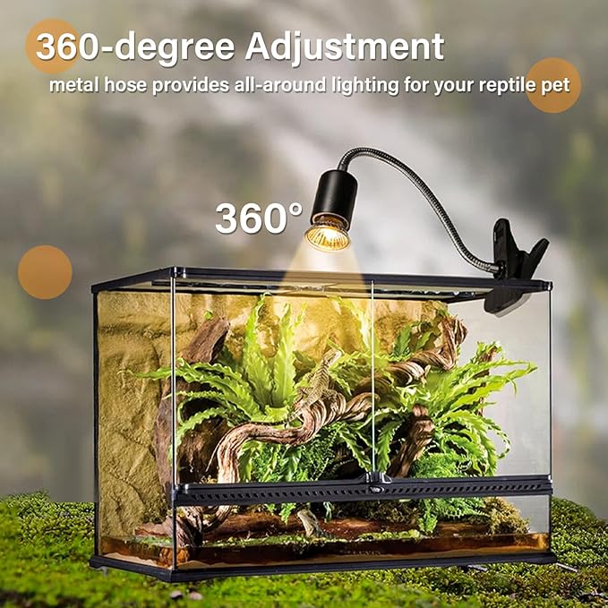 Reptile Heat Lamp with Clamp, Aquarium Turtle Tank Basking Light with 360° Rotatable, Timing, Dimming and 2 Pcs 50W UVA UVB Heat Light Bulb for Turtle, Lizard, Snake, Beared Dragon, Amphibians